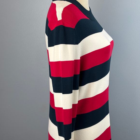 Loft Red White Blue Striped Dress Ribbed Flutter Bell Sleeves Ruffle Bottom New - Picture 5 of 13